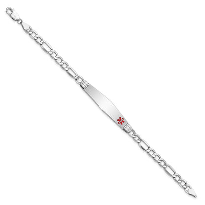 14K White Gold Medical Semi Solid Chain/Solid Plate Soft Diamond Shape 37X9mm Off Center Red Enamel Figaro Link 8 Inch Id Bracelet