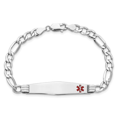 14K White Gold Medical Semi Solid Chain/Solid Plate Soft Diamond Shape 37X9mm Off Center Red Enamel Figaro Link 7 Inch Id Bracelet