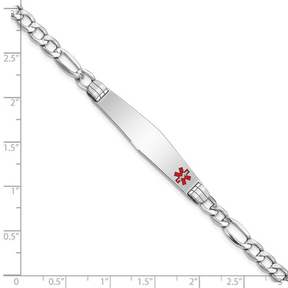 14K White Gold Medical Semi Solid Chain/Solid Plate Soft Diamond Shape 37X9mm Off Center Red Enamel Figaro Link 8 Inch Id Bracelet