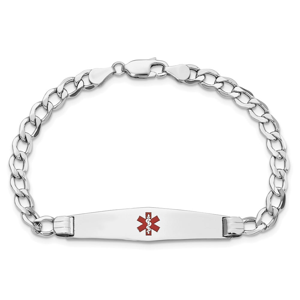 14K White Gold Medical Semi Solid Chain/Solid Plate Soft Diamond Shape 36X9mm Centered Red Enamel Curb Link 8 Inch Id Bracelet