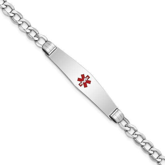 14K White Gold Medical Semi Solid Chain/Solid Plate Soft Diamond Shape 36X9mm Centered Red Enamel Curb Link 7 Inch Id Bracelet