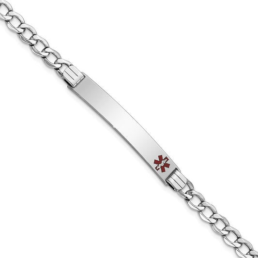 14K White Gold Medical Semi Solid Chain/Solid Plate 37X6mm Off Center Red Enamel Curb Link 8 Inch Id Bracelet