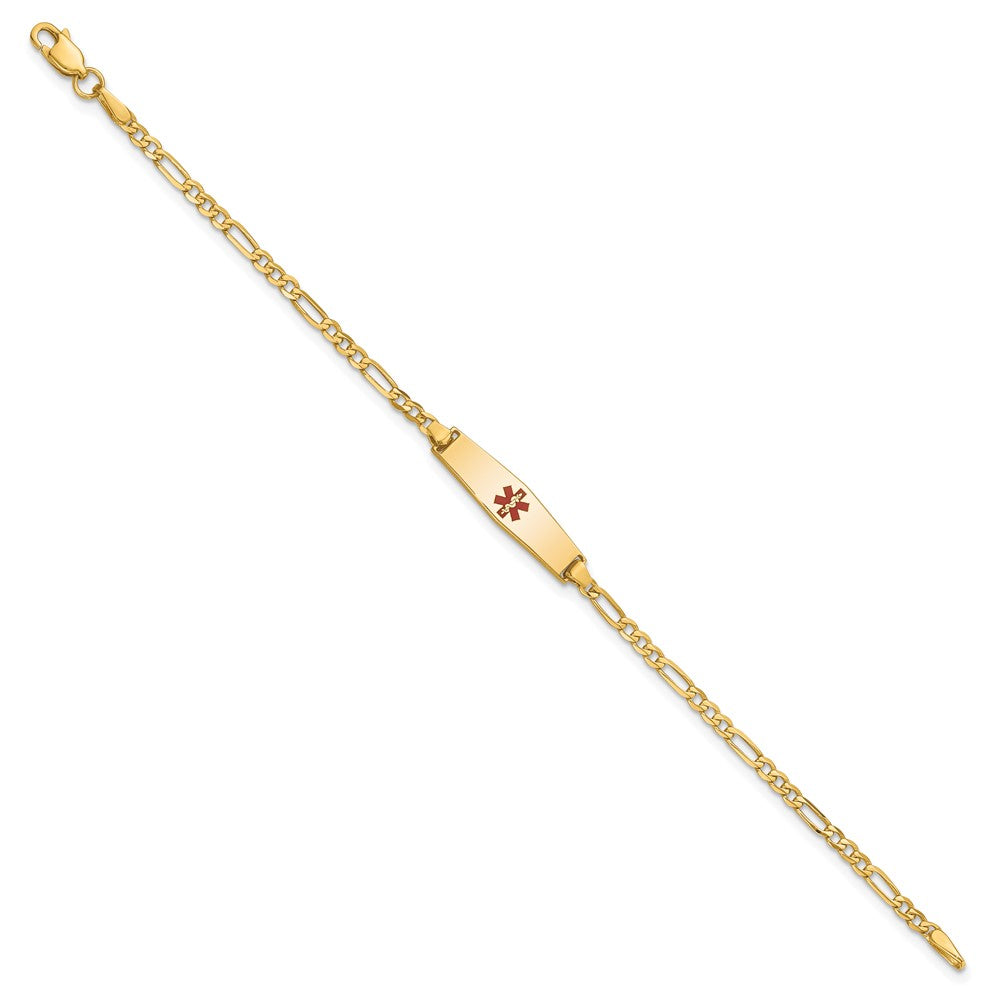 14K Yellow Gold Medical Solid Chain/Solid Plate 20X5mm Soft Diamond Shape Centered Red Enamel Figaro Link 8 Inch Id Bracelet