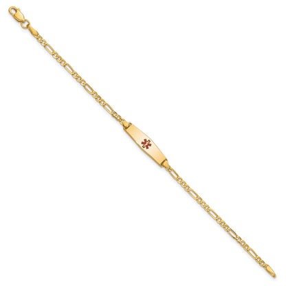 14K Yellow Gold Medical Solid Chain/Solid Plate 20X5mm Soft Diamond Shape Centered Red Enamel Figaro Link 8 Inch Id Bracelet