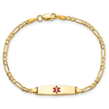 14K Yellow Gold Medical Solid Chain/Solid Plate 20X5mm Soft Diamond Shape Centered Red Enamel Figaro Link 7 Inch Id Bracelet
