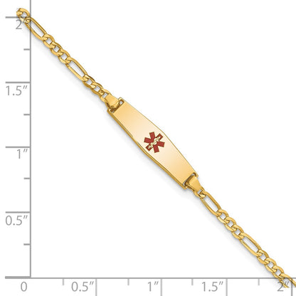 14K Yellow Gold Medical Solid Chain/Solid Plate 20X5mm Soft Diamond Shape Centered Red Enamel Figaro Link 7 Inch Id Bracelet
