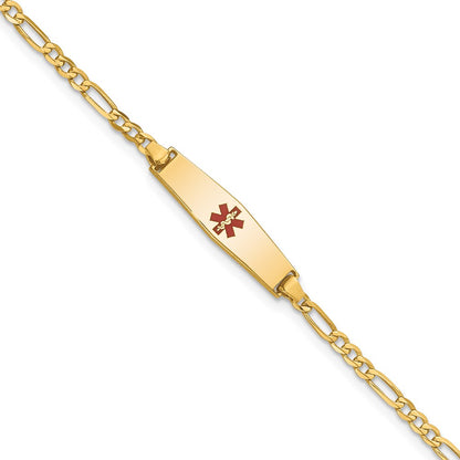 14K Yellow Gold Medical Solid Chain/Solid Plate 20X5mm Soft Diamond Shape Centered Red Enamel Figaro Link 8 Inch Id Bracelet