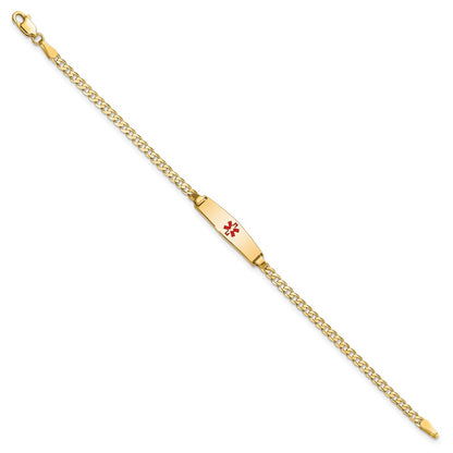 14K Yellow Gold Medical Solid Chain/Solid Plate 20X5mm Soft Diamond Shape Centered Red Enamel Curb Link 7 Inch Id Bracelet