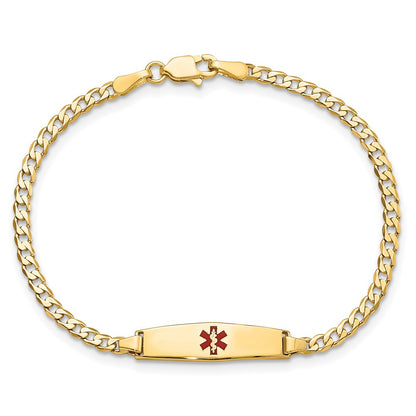 14K Yellow Gold Medical Solid Chain/Solid Plate 20X5mm Soft Diamond Shape Centered Red Enamel Curb Link 8 Inch Id Bracelet