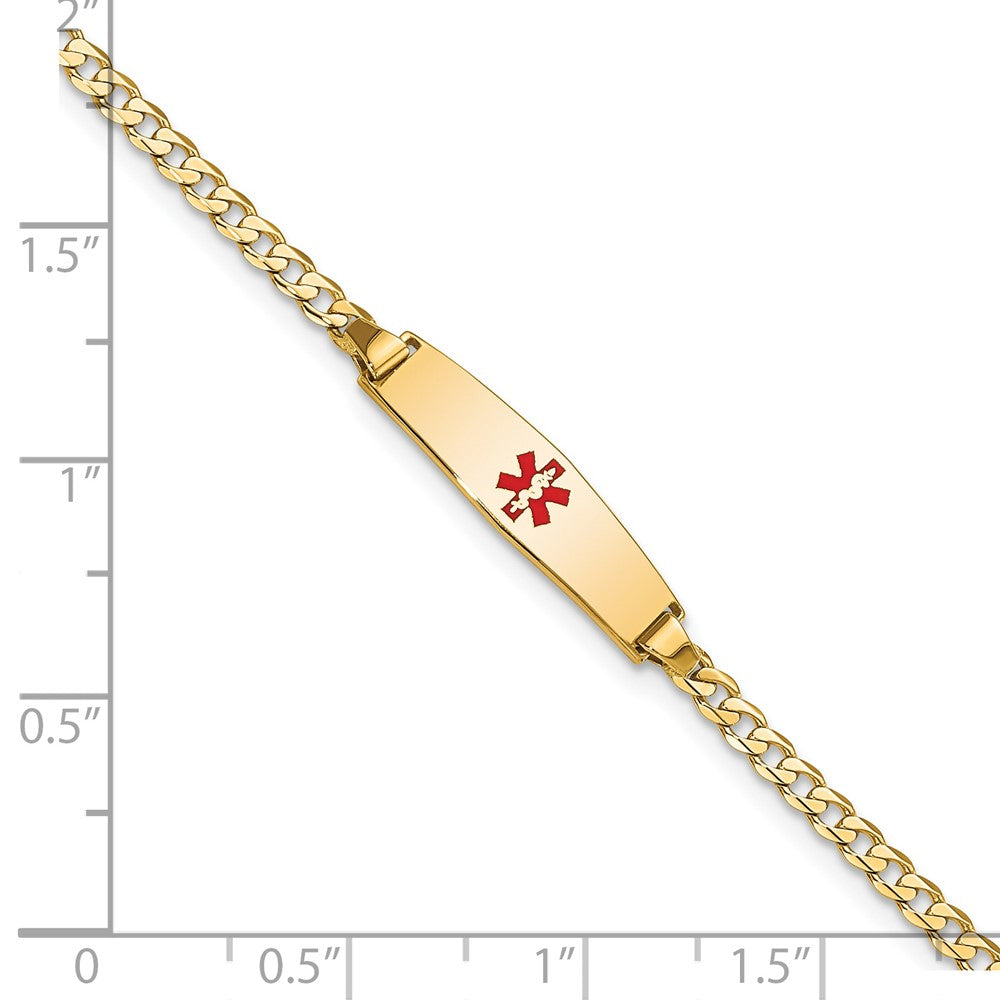 14K Yellow Gold Medical Solid Chain/Solid Plate 20X5mm Soft Diamond Shape Centered Red Enamel Curb Link 8 Inch Id Bracelet