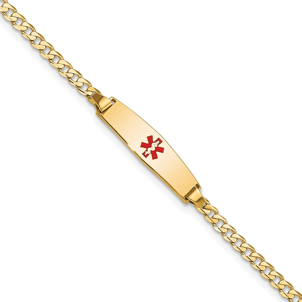 14K Yellow Gold Medical Solid Chain/Solid Plate 20X5mm Soft Diamond Shape Centered Red Enamel Curb Link 8 Inch Id Bracelet