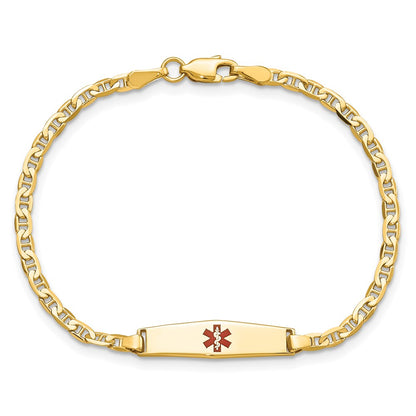 14K Yellow Gold Medical Solid Chain/Solid Plate 20X5mm Soft Diamond Shape Centered Red Enamel Flat Anchor Link 7 Inch Id Bracelet