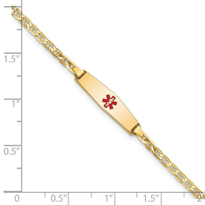 14K Yellow Gold Medical Solid Chain/Solid Plate 20X5mm Soft Diamond Shape Centered Red Enamel Flat Anchor Link 7 Inch Id Bracelet
