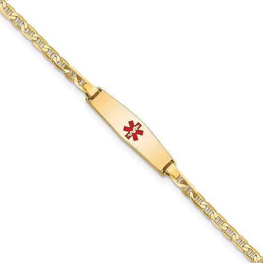 14K Yellow Gold Medical Solid Chain/Solid Plate 20X5mm Soft Diamond Shape Centered Red Enamel Flat Anchor Link 7 Inch Id Bracelet