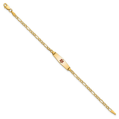 14K Yellow Gold Medical Semi Solid Chain/Solid Plate 20X5mm Soft Diamond Shape Centered Red Enamel Figaro Link 7 Inch Id Bracelet