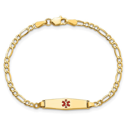14K Yellow Gold Medical Semi Solid Chain/Solid Plate 20X5mm Soft Diamond Shape Centered Red Enamel Figaro Link 6 Inch Baby/Child Id Bracelet
