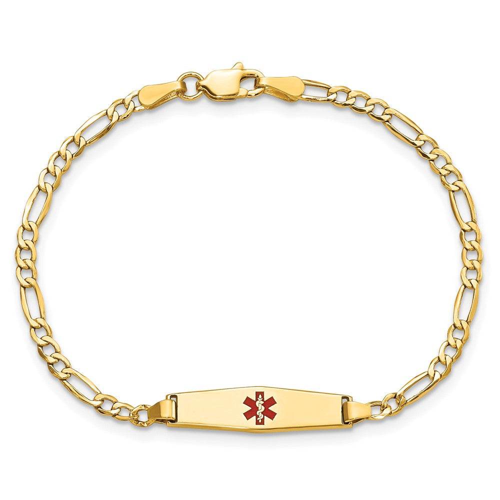 14K Yellow Gold Medical Semi Solid Chain/Solid Plate 20X5mm Soft Diamond Shape Centered Red Enamel Figaro Link 7 Inch Id Bracelet