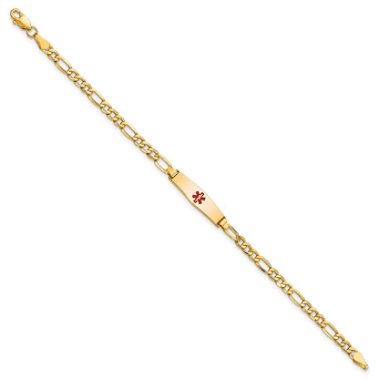 14K Yellow Gold Medical Semi Solid Chain/Solid Plate 20X5mm Soft Diamond Shape Centered Red Enamel Figaro Link 6 Inch Baby/Child Id Bracelet