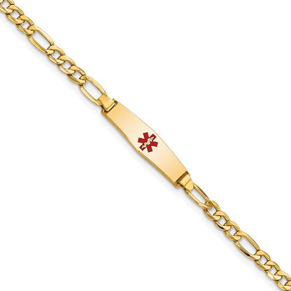 14K Yellow Gold Medical Semi Solid Chain/Solid Plate 20X5mm Soft Diamond Shape Centered Red Enamel Figaro Link 6 Inch Baby/Child Id Bracelet