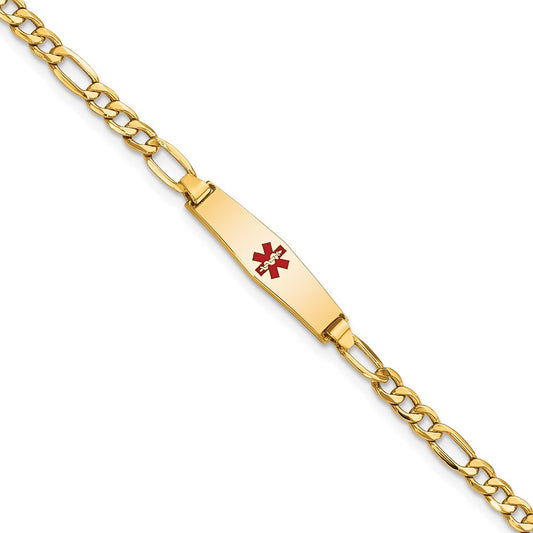 14K Yellow Gold Medical Semi Solid Chain/Solid Plate 20X5mm Soft Diamond Shape Centered Red Enamel Figaro Link 6 Inch Baby/Child Id Bracelet