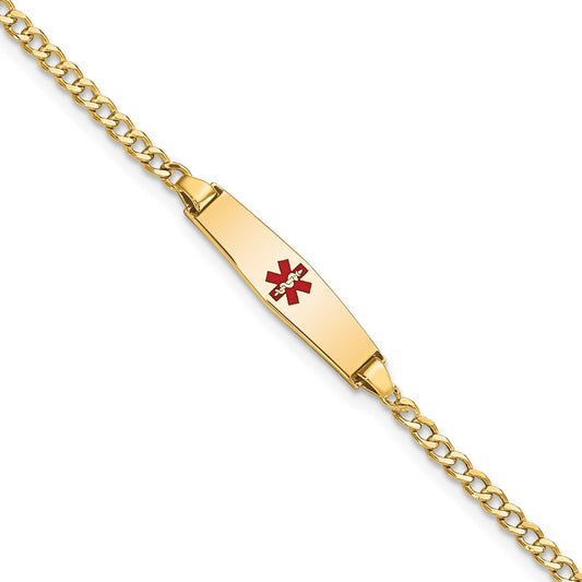 14K Yellow Gold Medical Semi Solid Chain/Solid Plate 20X5mm Soft Diamond Shape Centered Red Enamel Cuban Link 6 Inch Baby/Child Id Bracelet