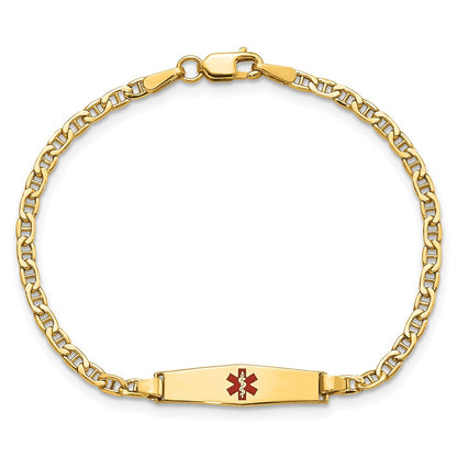 14K Yellow Gold Medical Semi Solid Chain/Solid Plate 20X5mm Soft Diamond Shape Centered Red Enamel Anchor Link 7 Inch Id Bracelet