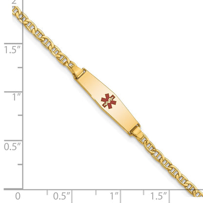 14K Yellow Gold Medical Semi Solid Chain/Solid Plate 20X5mm Soft Diamond Shape Centered Red Enamel Anchor Link 7 Inch Id Bracelet