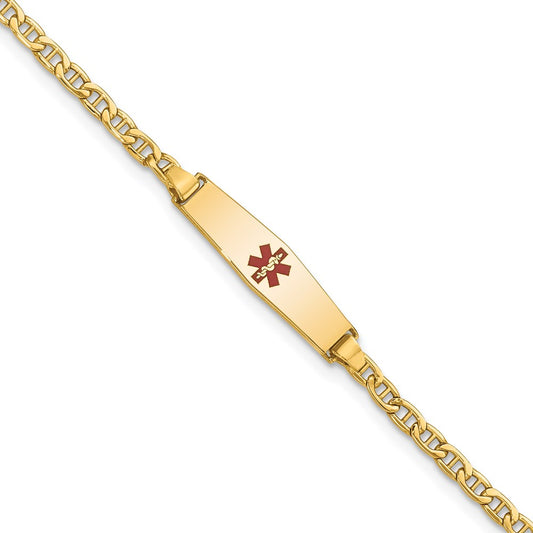 14K Yellow Gold Medical Semi Solid Chain/Solid Plate 20X5mm Soft Diamond Shape Centered Red Enamel Anchor Link 7 Inch Id Bracelet