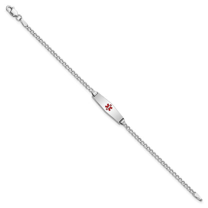 14K White Gold Medical Semi Solid Chain/Solid Plate 20X5mm Soft Diamond Shape Centered Red Enamel Cuban Link 6 Inch Baby/Child Id Bracelet