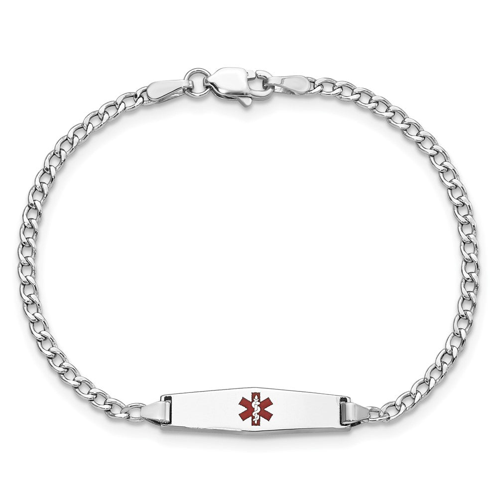 14K White Gold Medical Semi Solid Chain/Solid Plate 20X5mm Soft Diamond Shape Centered Red Enamel Cuban Link 7 Inch Id Bracelet