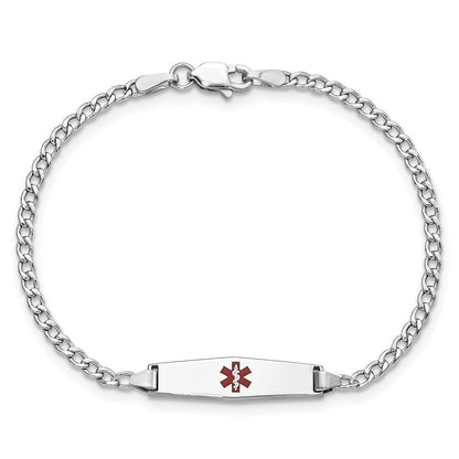 14K White Gold Medical Semi Solid Chain/Solid Plate 20X5mm Soft Diamond Shape Centered Red Enamel Cuban Link 7 Inch Id Bracelet