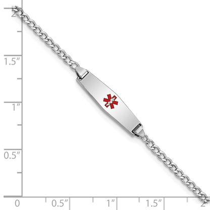 14K White Gold Medical Semi Solid Chain/Solid Plate 20X5mm Soft Diamond Shape Centered Red Enamel Cuban Link 6 Inch Baby/Child Id Bracelet