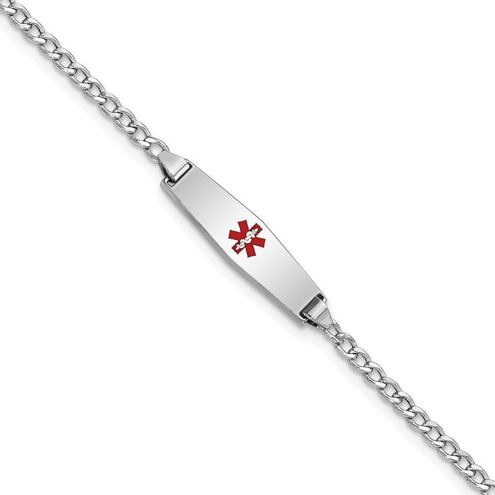 14K White Gold Medical Semi Solid Chain/Solid Plate 20X5mm Soft Diamond Shape Centered Red Enamel Cuban Link 7 Inch Id Bracelet