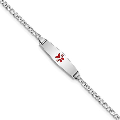 14K White Gold Medical Semi Solid Chain/Solid Plate 20X5mm Soft Diamond Shape Centered Red Enamel Cuban Link 6 Inch Baby/Child Id Bracelet