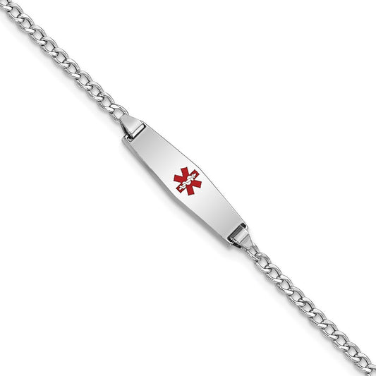 14K White Gold Medical Semi Solid Chain/Solid Plate 20X5mm Soft Diamond Shape Centered Red Enamel Cuban Link 6 Inch Baby/Child Id Bracelet