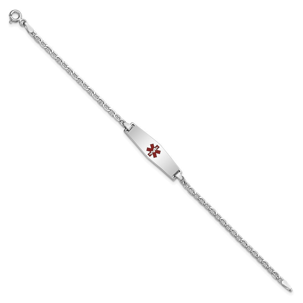 14K White Gold Medical Semi Solid Chain/Solid Plate 25X7mm Soft Diamond Shape Centered Red Enamel Anchor Link 6 Inch Baby/Child Id Bracelet