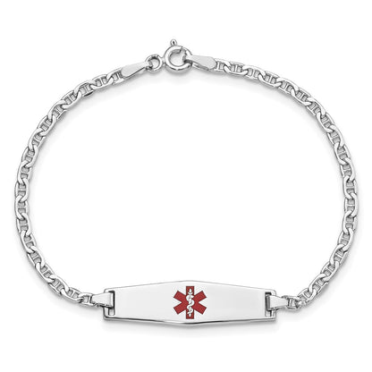 14K White Gold Medical Semi Solid Chain/Solid Plate 25X7mm Soft Diamond Shape Centered Red Enamel Anchor Link 6 Inch Baby/Child Id Bracelet