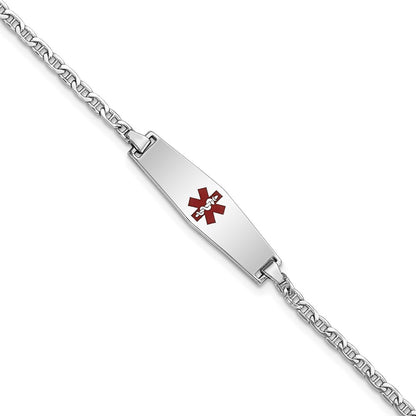 14K White Gold Medical Semi Solid Chain/Solid Plate 25X7mm Soft Diamond Shape Centered Red Enamel Anchor Link 6 Inch Baby/Child Id Bracelet