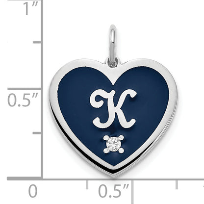 Sterling Silver Rhodium Plated Epoxy Heart With Initial And Diamond Charm