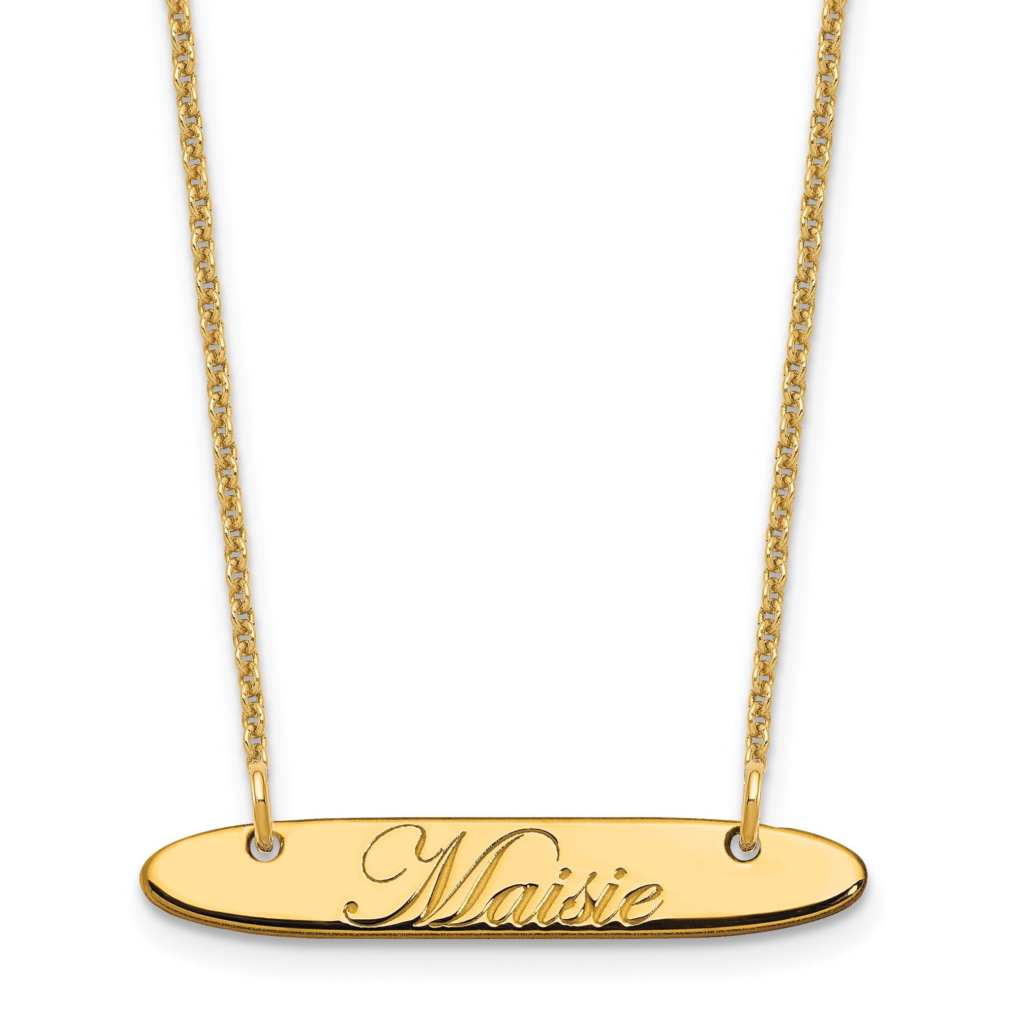 14K Yellow Gold Small Oblong Edwardian Script Bar Necklace