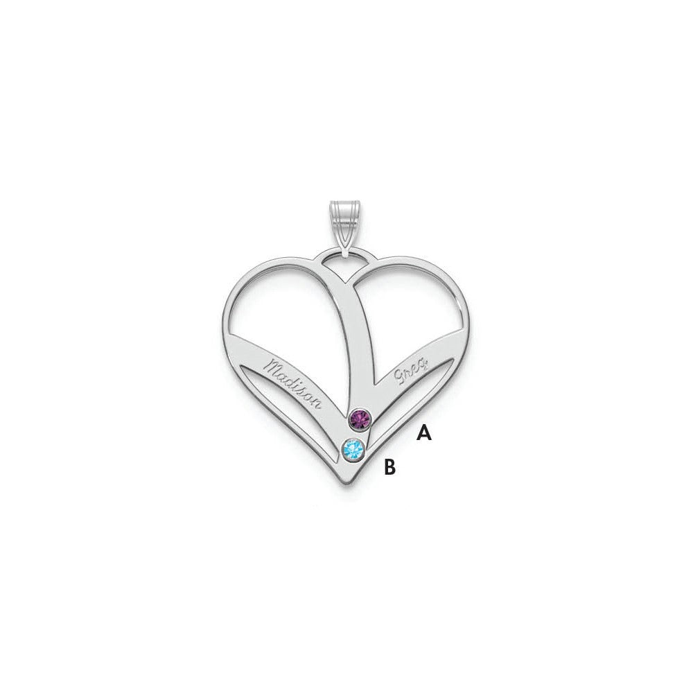 14K White Gold 14Kw 2 Name Birthstones 18K Rhod Plated Bezel Cut Out Heart Pendant