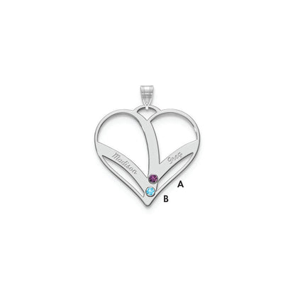 14K White Gold 14Kw 2 Name Birthstones 18K Rhod Plated Bezel Cut Out Heart Pendant