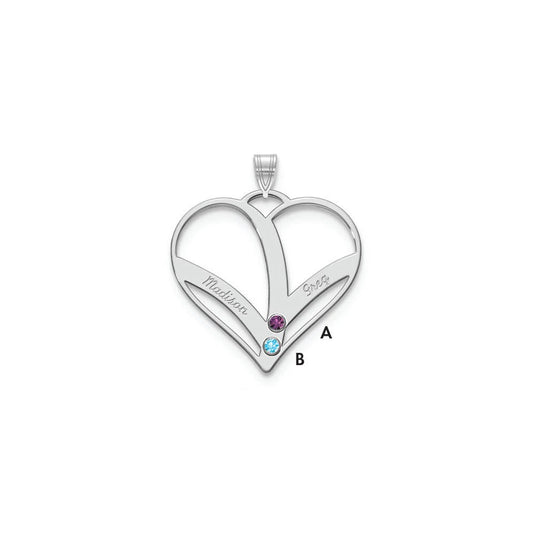14K White Gold 14Kw 2 Name Birthstones 18K Rhod Plated Bezel Cut Out Heart Pendant