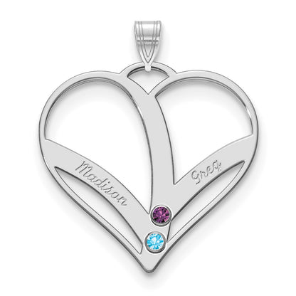 14K White Gold 14Kw 2 Name Birthstones 18K Rhod Plated Bezel Cut Out Heart Pendant