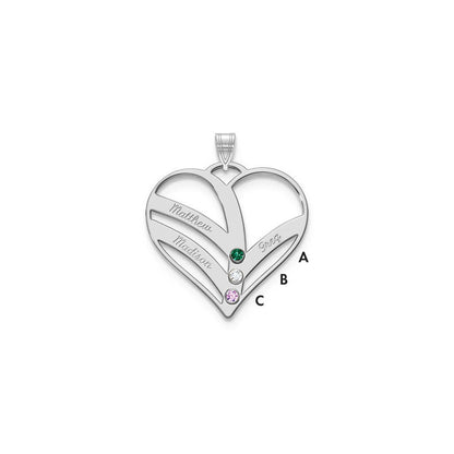 14K White Gold 14Kw 3 Name Birthstones 18K Rhod Plated Bezel Cut Out Heart Pendant