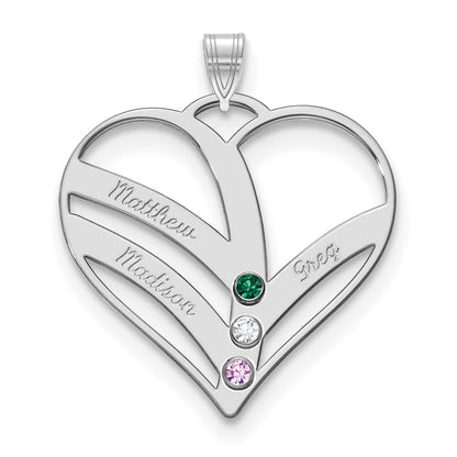 14K White Gold 14Kw 3 Name Birthstones 18K Rhod Plated Bezel Cut Out Heart Pendant