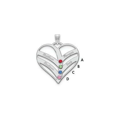 14K White Gold 14Kw 4 Name Birthstones 18K Rhod Plated Bezel Cut Out Heart Pendant