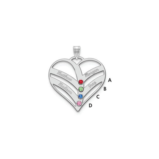 14K White Gold 14Kw 4 Name Birthstones 18K Rhod Plated Bezel Cut Out Heart Pendant