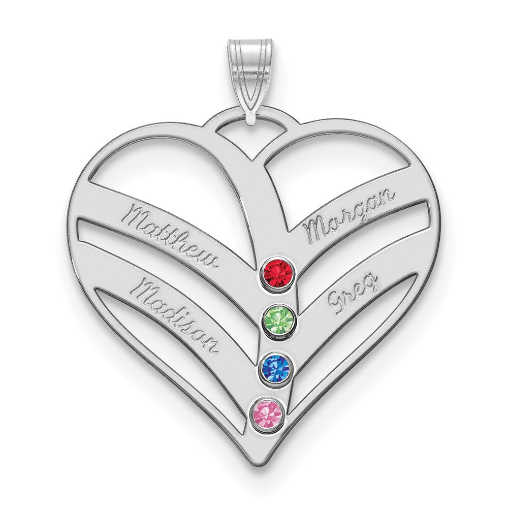 14K White Gold 14Kw 4 Name Birthstones 18K Rhod Plated Bezel Cut Out Heart Pendant