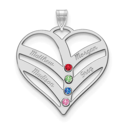 14K White Gold 14Kw 4 Name Birthstones 18K Rhod Plated Bezel Cut Out Heart Pendant